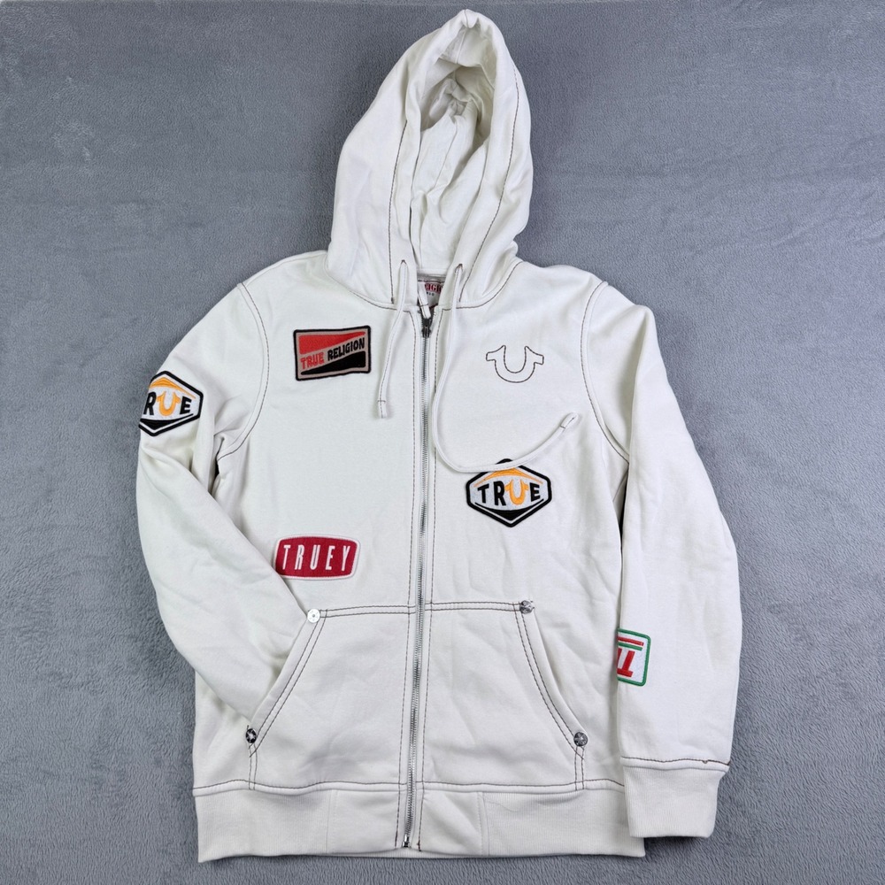 True Religion Patch Big T Zip Hoodie Off White Multi Logo World Tour Small